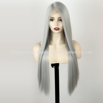 Ezüst-szürke paróka csipés elülső résszel, kézzel horgolt, 13x4, középső rész, egyenes hosszú haj, cosplay paróka