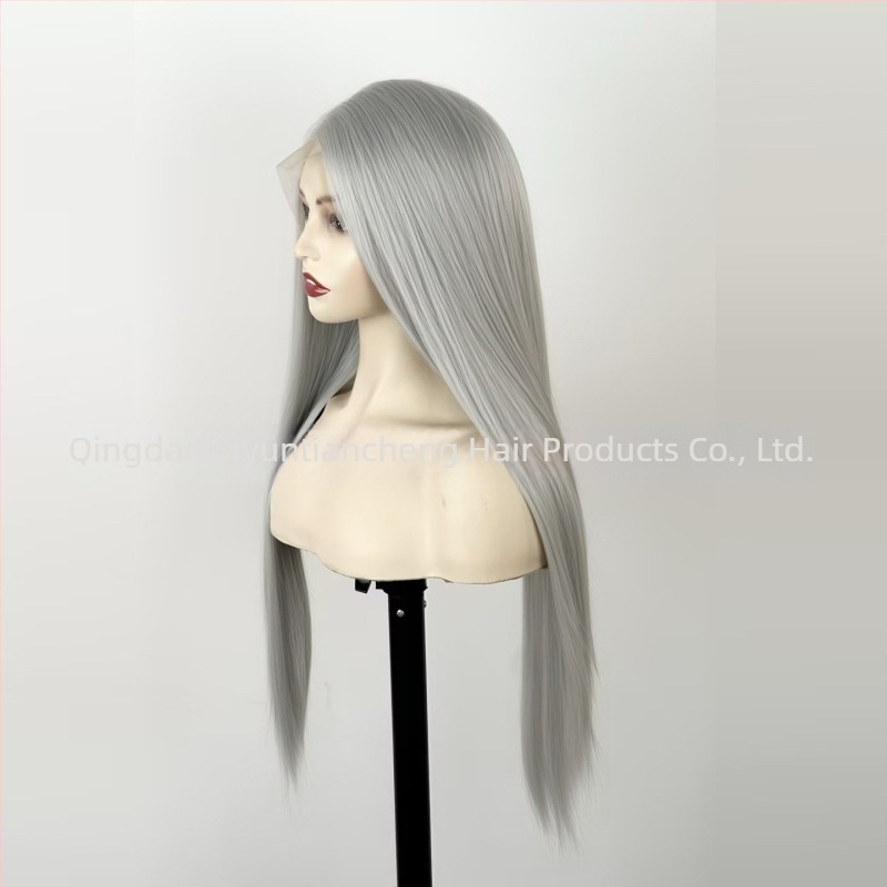 Ezüst-szürke paróka csipés elülső résszel, kézzel horgolt, 13x4, középső rész, egyenes hosszú haj, cosplay paróka