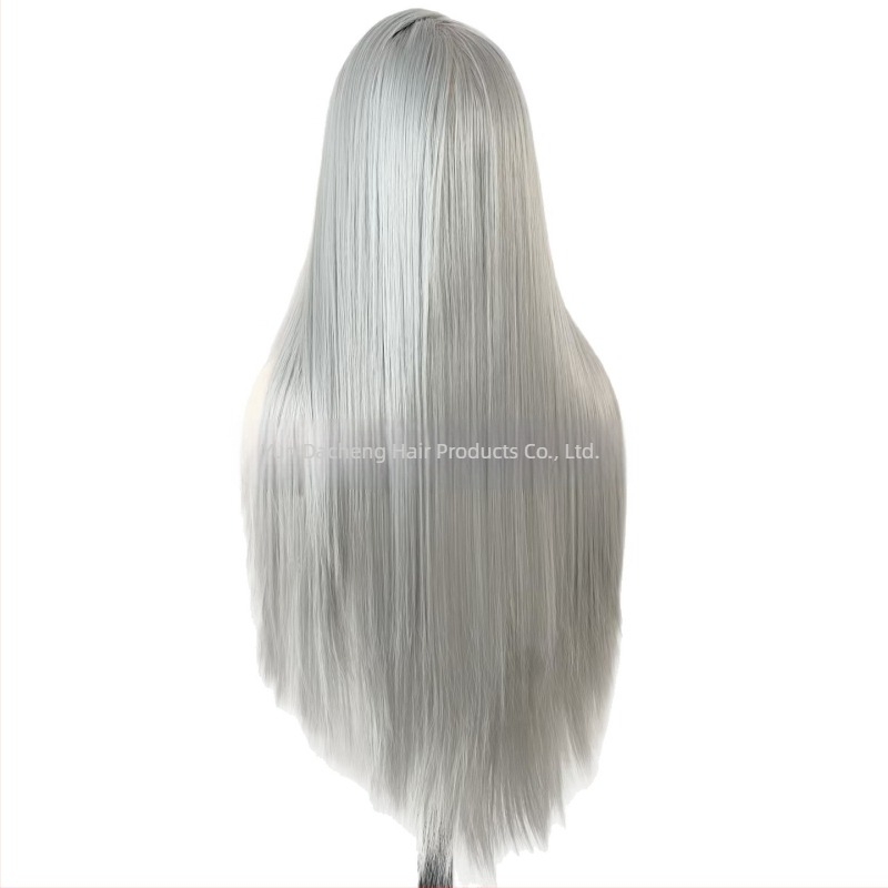 Ezüst-szürke paróka csipés elülső résszel, kézzel horgolt, 13x4, középső rész, egyenes hosszú haj, cosplay paróka