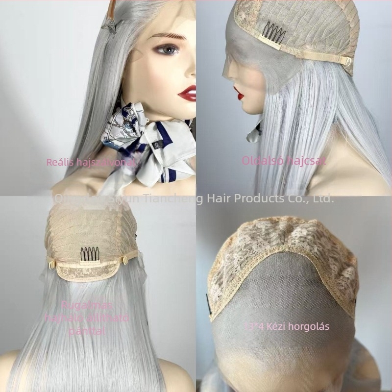 Ezüst-szürke paróka csipés elülső résszel, kézzel horgolt, 13x4, középső rész, egyenes hosszú haj, cosplay paróka