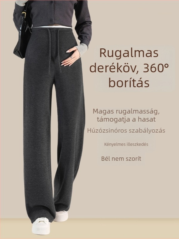 Terhes nőknek tervezett széles lábú nadrág viszkóz anyagból, vastag meleg belső réteggel, magas derék, hosszú fazon, téli viselet