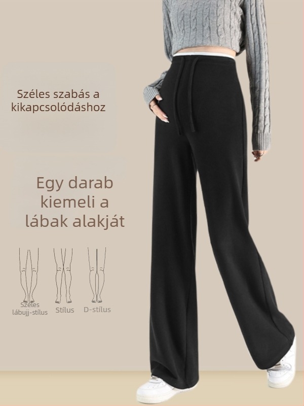 Terhes nőknek tervezett széles lábú nadrág viszkóz anyagból, vastag meleg belső réteggel, magas derék, hosszú fazon, téli viselet
