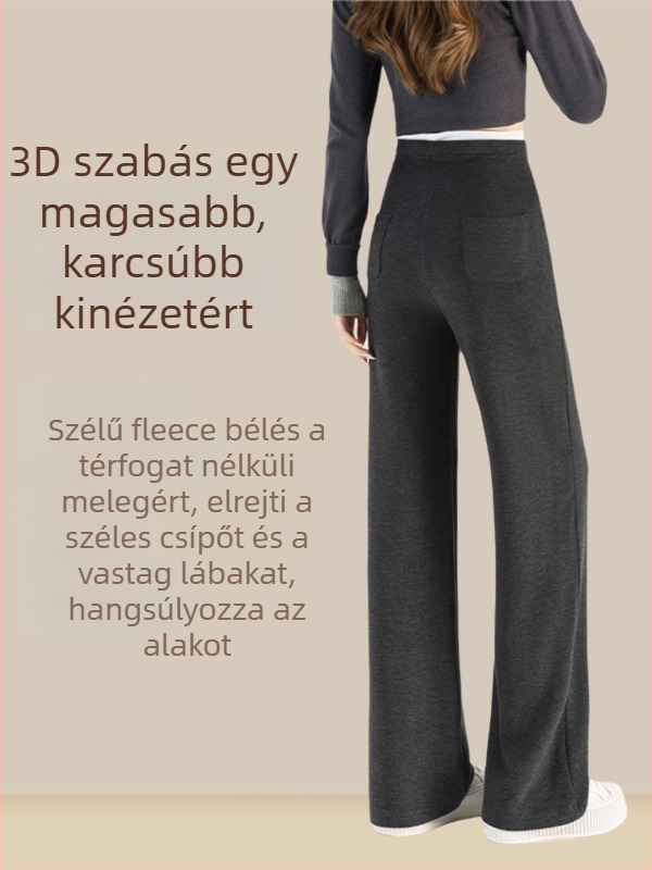 Terhes nőknek tervezett széles lábú nadrág viszkóz anyagból, vastag meleg belső réteggel, magas derék, hosszú fazon, téli viselet
