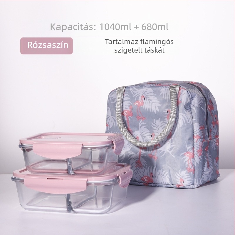 Hőálló boroszilika üvegből készült ebédes doboz mikróhoz, szeparált rekesszel és fedéllel, négyzetes, 501–800 ml