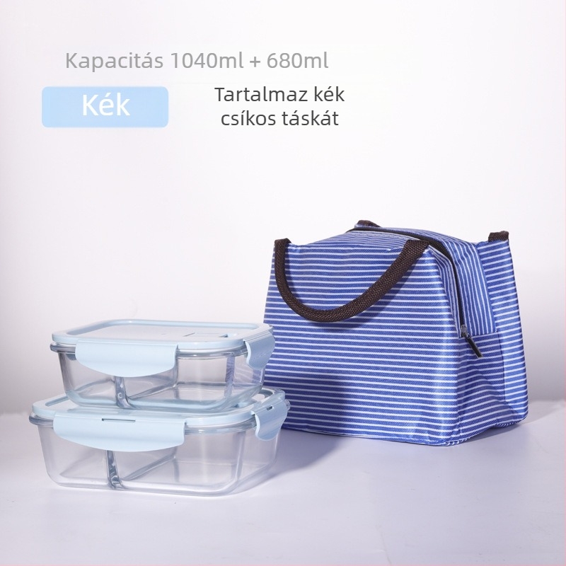 Hőálló boroszilika üvegből készült ebédes doboz mikróhoz, szeparált rekesszel és fedéllel, négyzetes, 501–800 ml