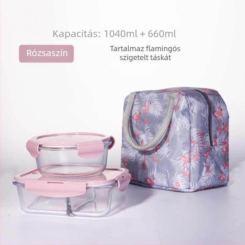 Hőálló boroszilika üvegből készült ebédes doboz mikróhoz, szeparált rekesszel és fedéllel, négyzetes, 501–800 ml