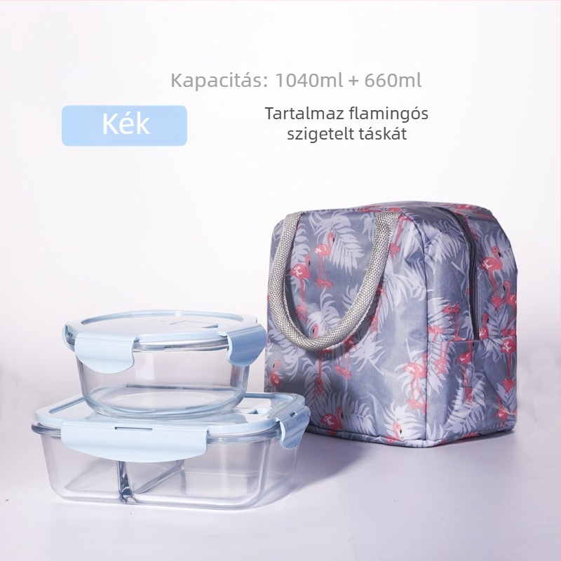 Hőálló boroszilika üvegből készült ebédes doboz mikróhoz, szeparált rekesszel és fedéllel, négyzetes, 501–800 ml