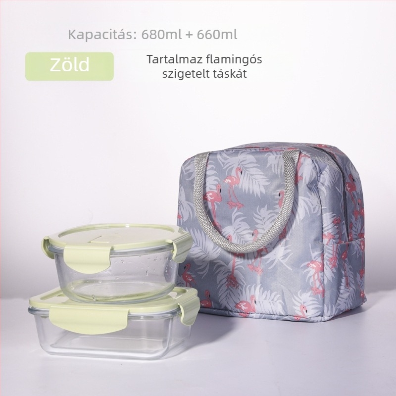 Hőálló boroszilika üvegből készült ebédes doboz mikróhoz, szeparált rekesszel és fedéllel, négyzetes, 501–800 ml