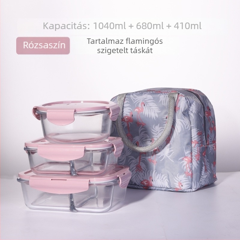 Hőálló boroszilika üvegből készült ebédes doboz mikróhoz, szeparált rekesszel és fedéllel, négyzetes, 501–800 ml