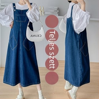 Kismama denim öltönyruha szett puffos ujjú toppal, 3/4 ujj, pamut 50–70% + spandex, ősz 2025