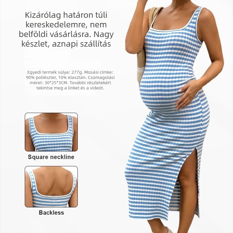 Kismama nyári ruha ujjnélküli, csíkos, négyzetes nyakú, oldalsó hasítékkal, midi hosszúságú