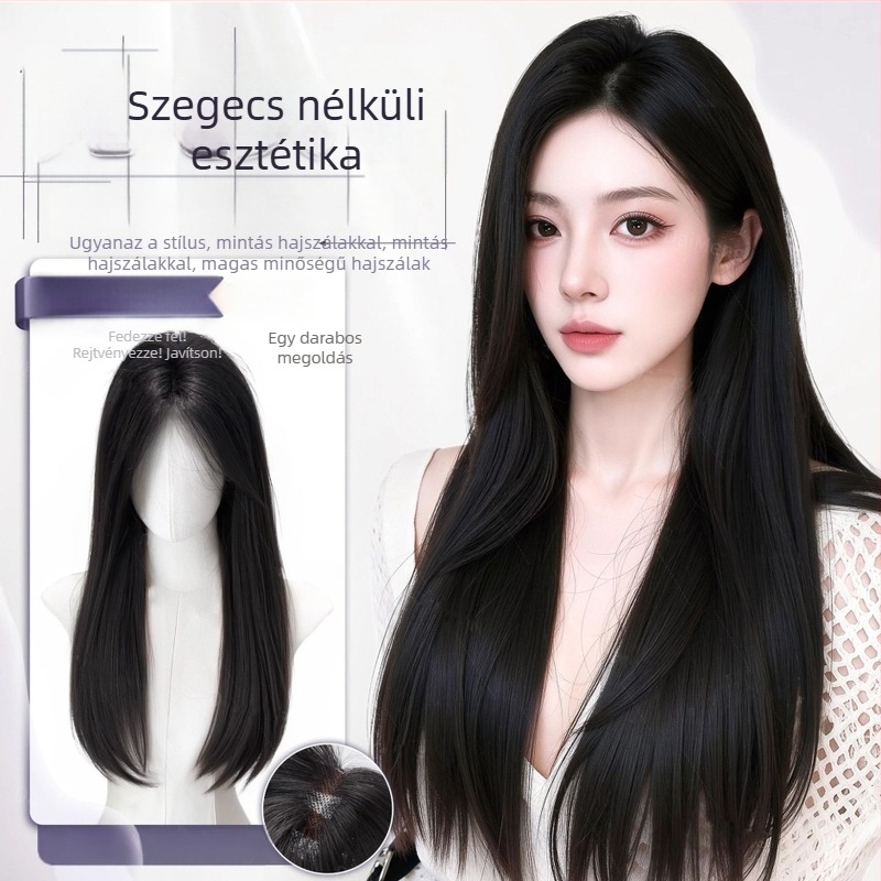 Gépileg szőtt paróka, proteínselyem, hosszú egyenes haj, teljes fej paróka