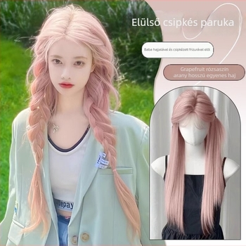Lace Front paróka nőknek, természetes stílus, hosszú egyenes haj ferde frufruval, hőálló huzal, teljes fejfedés