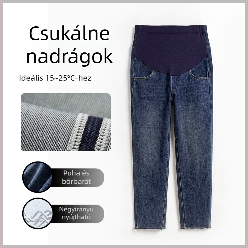 Lyocell denim kismama nadrág, négyrészes stretch, kistestű nőknek, egyenes szabás, fleece bélés, külső viselethez