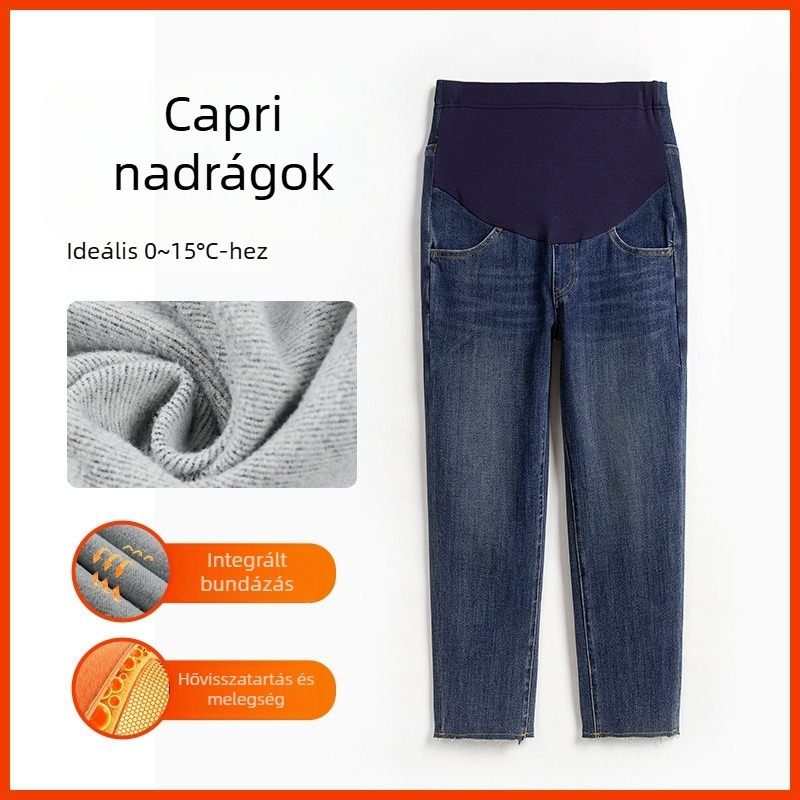 Lyocell denim kismama nadrág, négyrészes stretch, kistestű nőknek, egyenes szabás, fleece bélés, külső viselethez