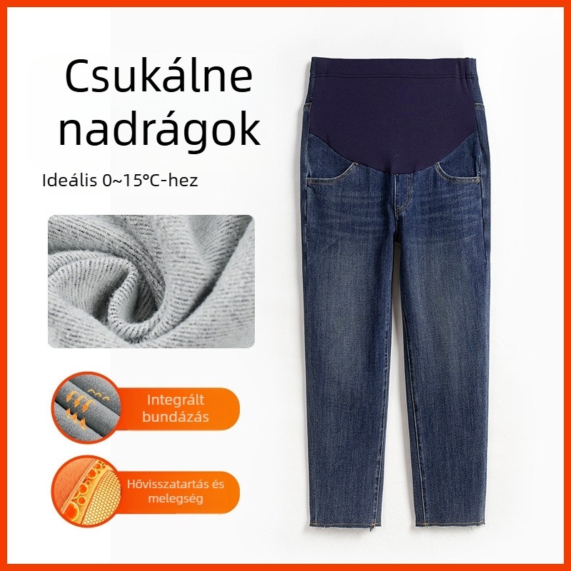 Lyocell denim kismama nadrág, négyrészes stretch, kistestű nőknek, egyenes szabás, fleece bélés, külső viselethez