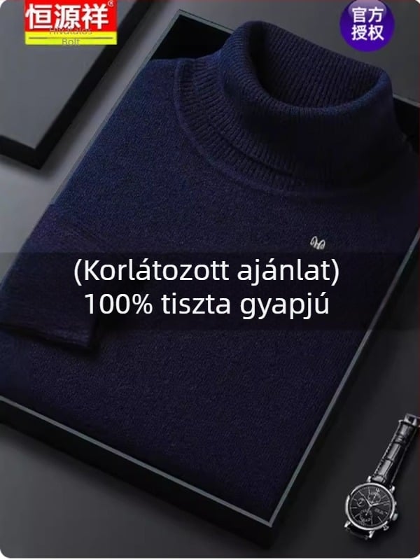 Férfi gyapjú-kasmír pulóver, téli magas nyakú, vastag kötés, szabad szabás, 81–85% kasmír