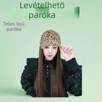 Leopárdmintás sapkás paróka, leválasztható egyenes hajjal, nőknek, hosszú göndör paróka a teljes fejre, hőálló rostokból