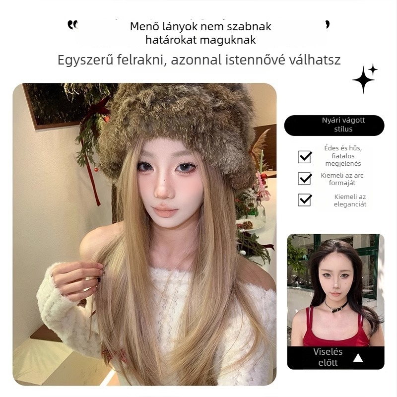 Koreai stílusú csipés elülső részű hosszú, egyenes paróka, diagonális frufru, természetes hatás, hőálló rostok