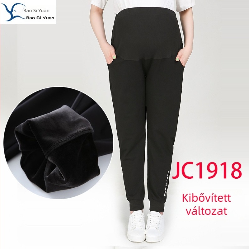Pluszméretű kismama sportnadrág fleece béléssel, magas derék a has támasztásáért, 95% pamut, teljes hosszú laza szabás
