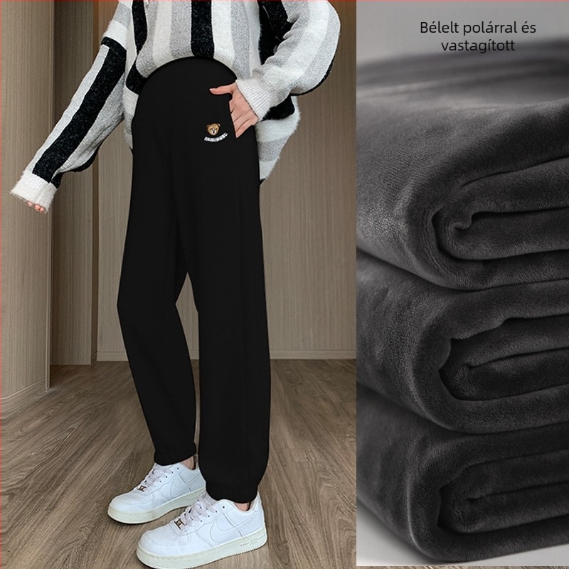 Kismama nadrág ősz-télre, rövid lábú jogger-stílus, plusz méret, fleece-béléssel, vastag, hastámasz, 3/4 hossz