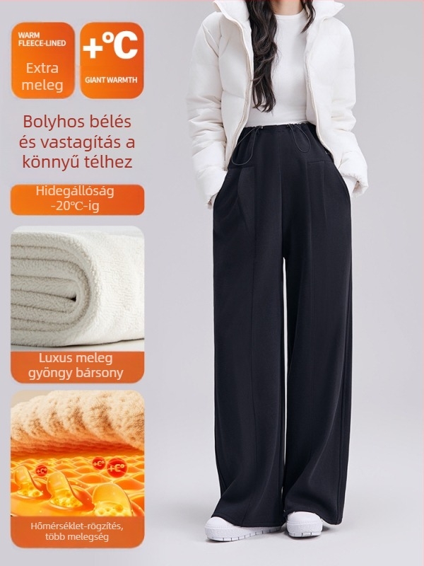 Kismama laza szabású nadrág téli vastag fleece-béléssel, meleg és kényelmes, plusz méret