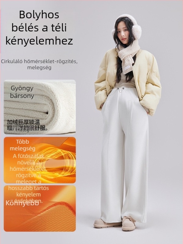 Kismama laza szabású nadrág téli vastag fleece-béléssel, meleg és kényelmes, plusz méret