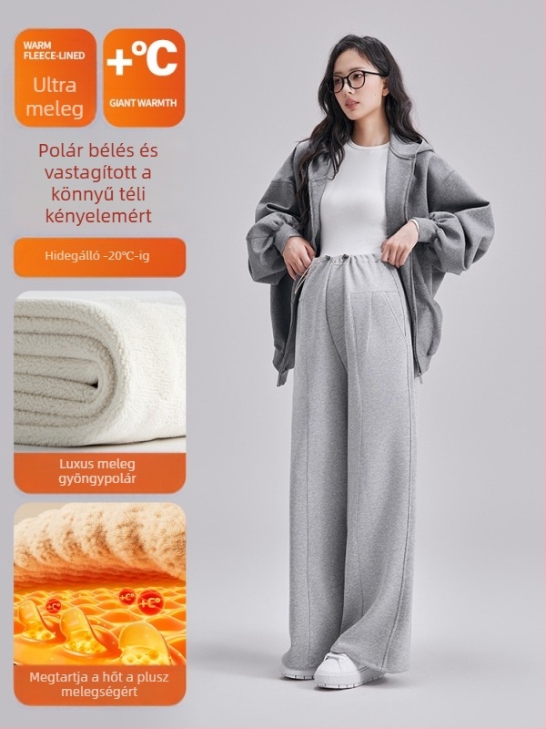 Kismama laza szabású nadrág téli vastag fleece-béléssel, meleg és kényelmes, plusz méret