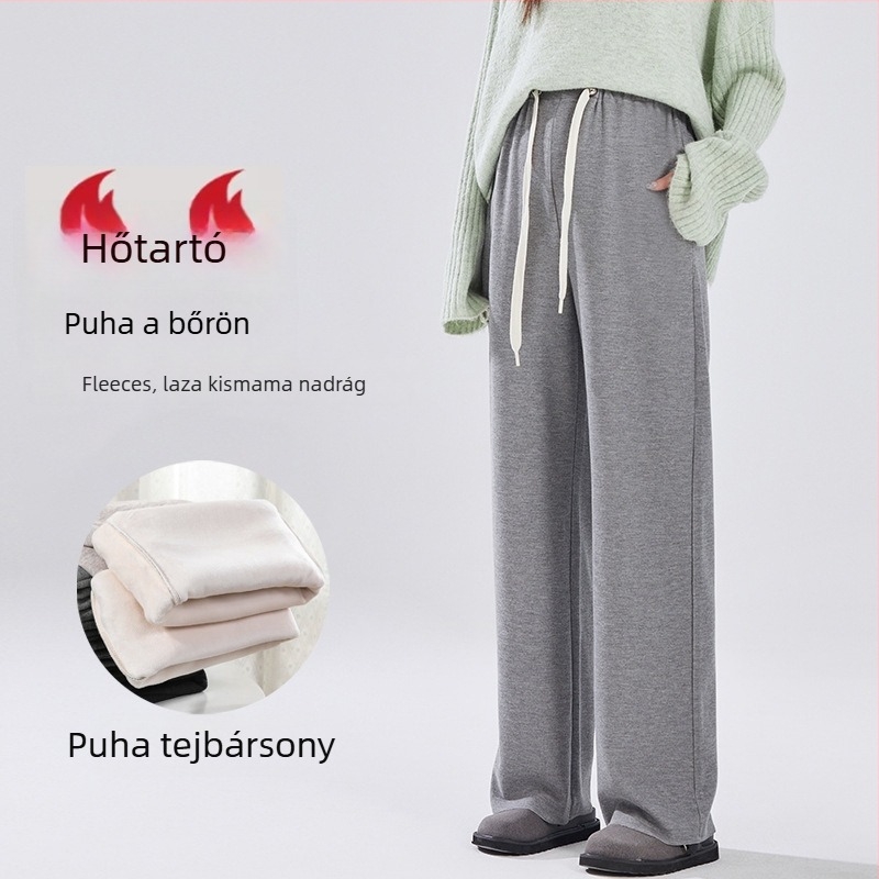 Terhességi téli nadrág fleece-béléssel, vastag, széles szabású, derekán húzózsinórral, lazán szabott, poliészter-viszkóz keverék