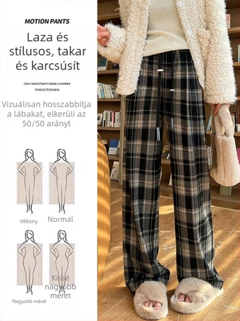 terhességi kockás széleslábú nadrág téli fleece-béléssel, vastag, pocak-támogatás nélküli, kényelmes hosszú nadrág alacsony termetű nőknek