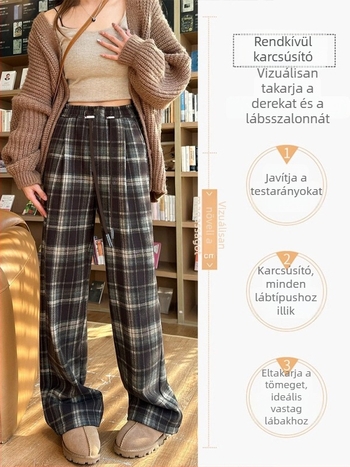 terhességi kockás széleslábú nadrág téli fleece-béléssel, vastag, pocak-támogatás nélküli, kényelmes hosszú nadrág alacsony termetű nőknek