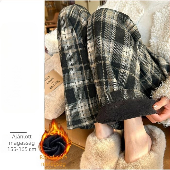 terhességi kockás széleslábú nadrág téli fleece-béléssel, vastag, pocak-támogatás nélküli, kényelmes hosszú nadrág alacsony termetű nőknek