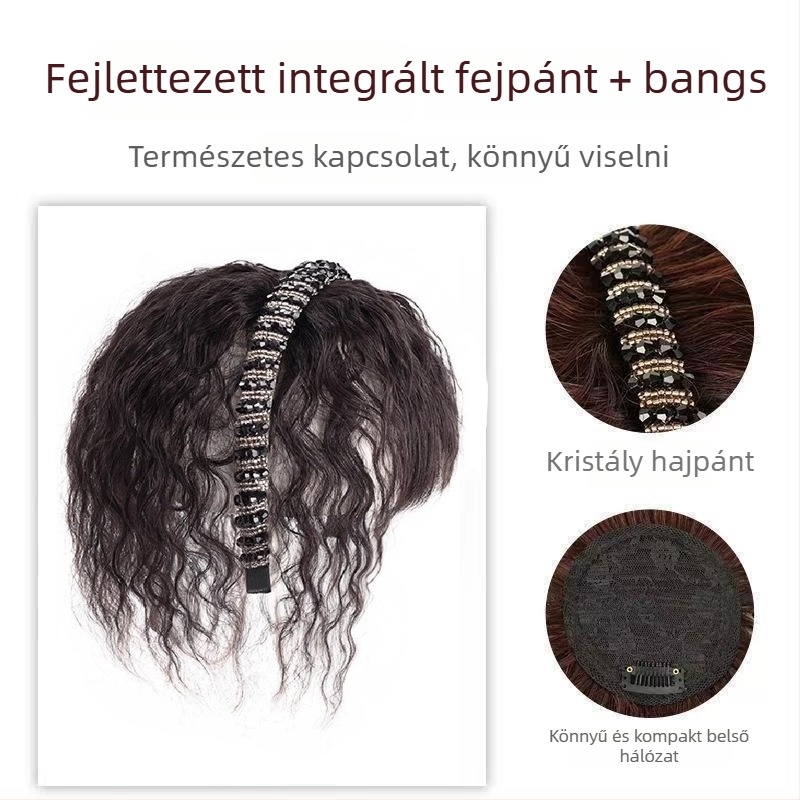 Női paróka strasszos fejfedővel, integrált frufival és spirális göndörrel, hőálló huzalból készült haj, nem festhető vagy dauerolható, elfedi a őszülést és növeli a volument