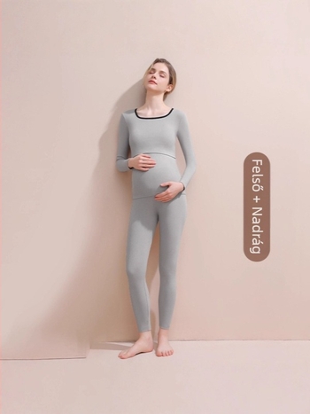Anyasági téli fleece-belelt melegítő garnitúra — karcsúsított fazon, kapucnival, hosszú ujjú V-nyakú felső és alsó, poliészter-spandex keverék