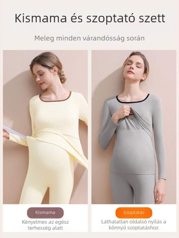Anyasági téli fleece-belelt melegítő garnitúra — karcsúsított fazon, kapucnival, hosszú ujjú V-nyakú felső és alsó, poliészter-spandex keverék