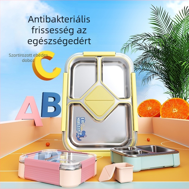 304 rozsdamentes acélból készült szigetelt ebédes doboz, négy rekesszel, két rétegű, 800–1000 ml