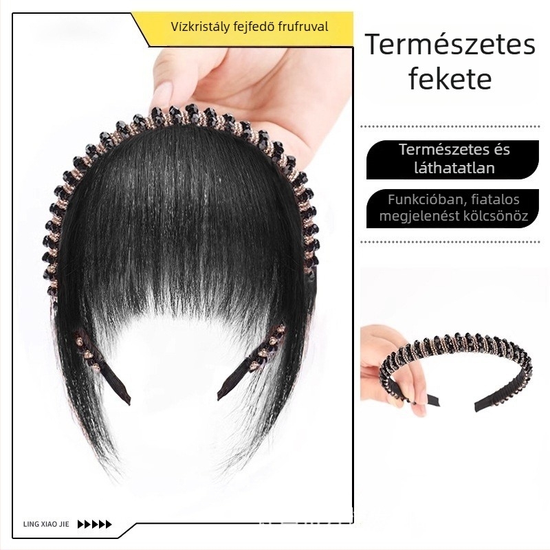 Valódi hajból készült paróka kristályos diadémmel és lélegző frufruval, egy darabból álló póthaj a természetes homlokfedéshez