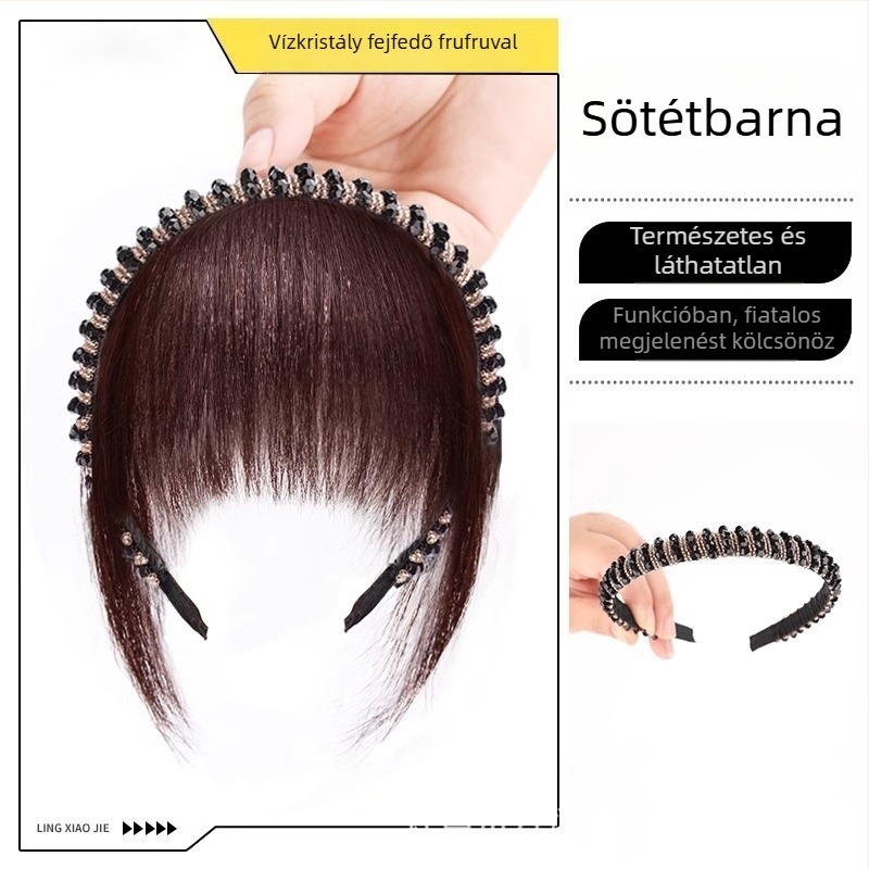 Valódi hajból készült paróka kristályos diadémmel és lélegző frufruval, egy darabból álló póthaj a természetes homlokfedéshez