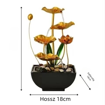 Asztali fém fontán – kézzel készített vízfolyásos dísz lótusz-tóval és holdfénnyel, modern minimalista stílus (Anyag: fém; Felület: festett; Gyártás: kézzel készített; Csomagolás: karton)