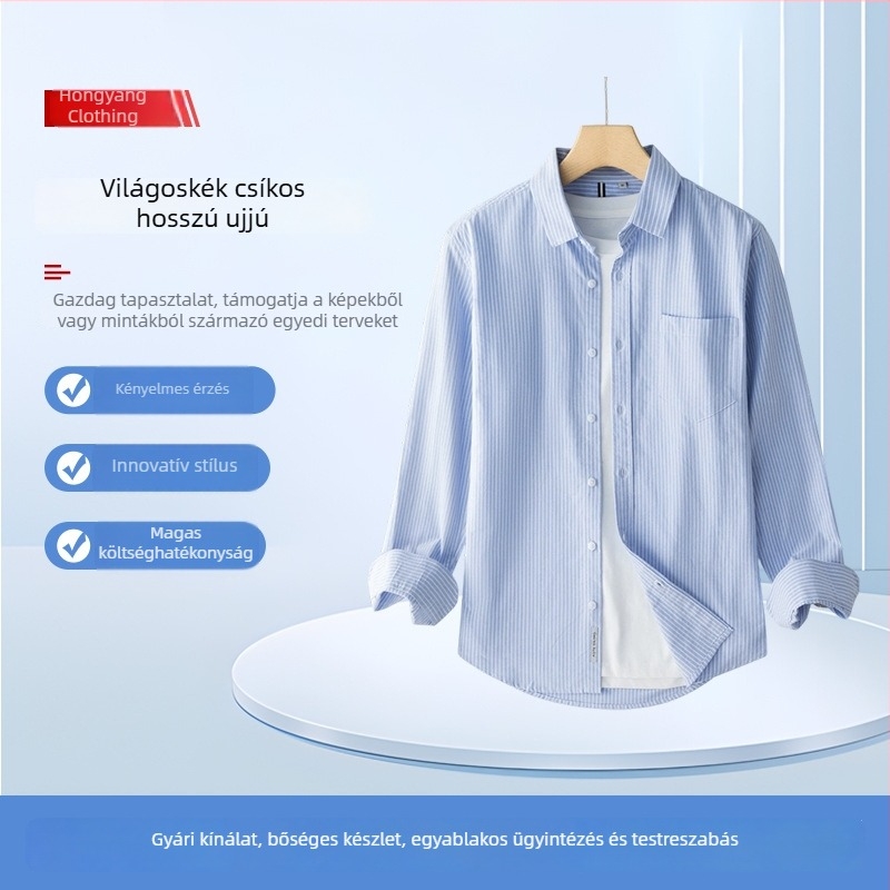 Világoskék csíkos hosszú ujjú 100% pamut ing, egyszerű és friss viselet tavasz–ősz, férfi