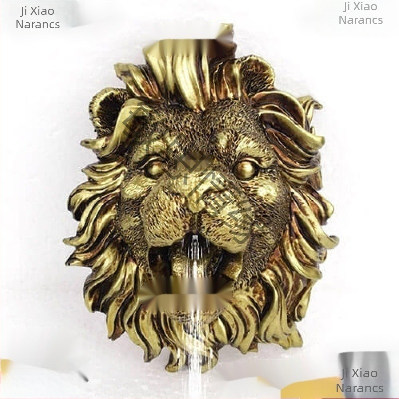 Falra szerelt oroszlánfejű szökőkúti fúvóka természetes gyantából, kert-udvarhoz