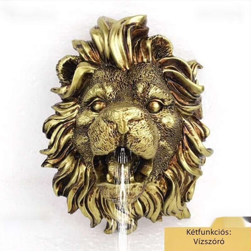 Falra szerelt oroszlánfejű szökőkúti fúvóka természetes gyantából, kert-udvarhoz