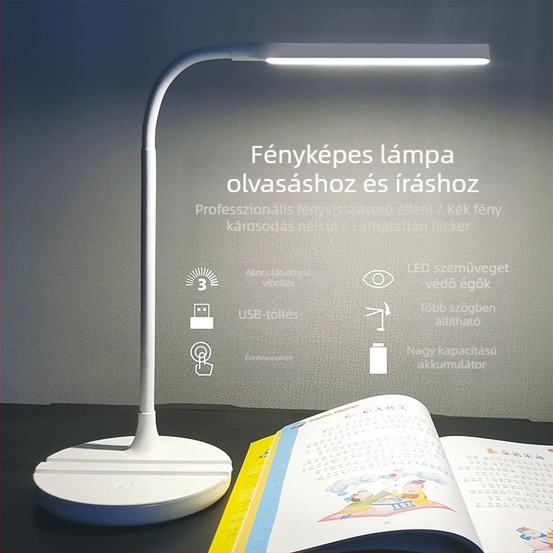 LED szemvédő asztali lámpa, újratölthető beépített akkumulátorral és hálózati csatlakozási lehetőséggel, érintéses kapcsoló, CRI ≥90, LED fényforrás, alapvilágítás, Modell TD-01