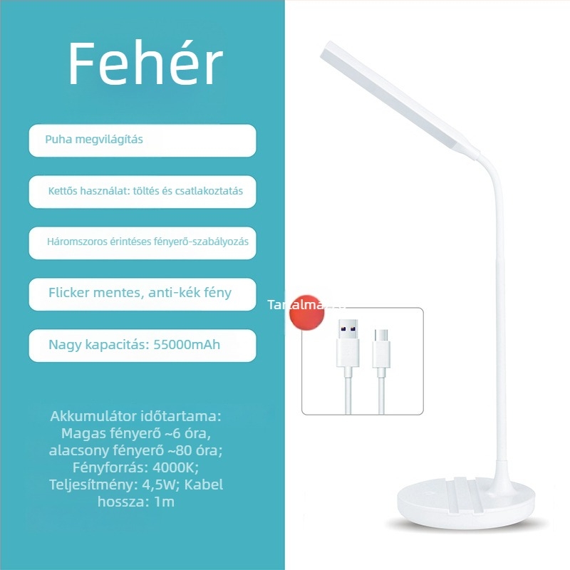 LED szemvédő asztali lámpa, újratölthető beépített akkumulátorral és hálózati csatlakozási lehetőséggel, érintéses kapcsoló, CRI ≥90, LED fényforrás, alapvilágítás, Modell TD-01