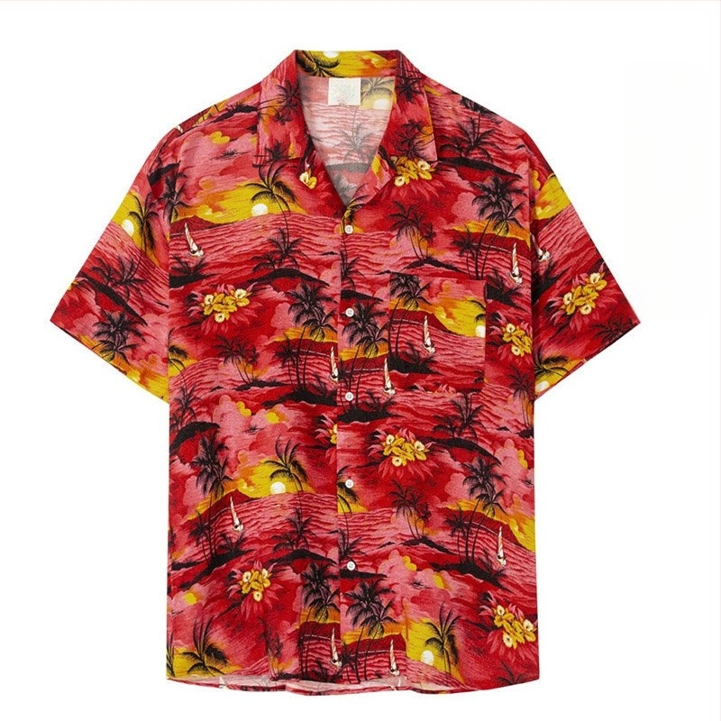 Férfi kardigán–ing digitális nyomtatással, rövid ujjú, hegyes gallér, egyedi szabás