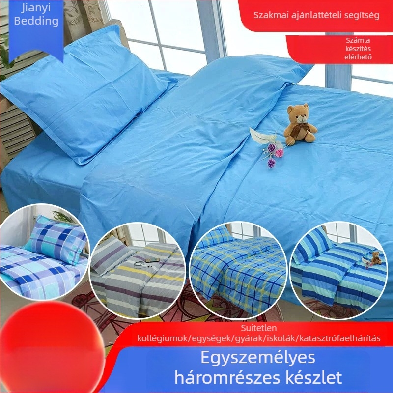 Háromrészes egyetemi hálóruha garnitúra egyágyas ágyhoz: paplanhuzat, párnahuzat és lepedő; csíkos minta; pamut; reaktív nyomtatás; sima szövés; modern stílus.