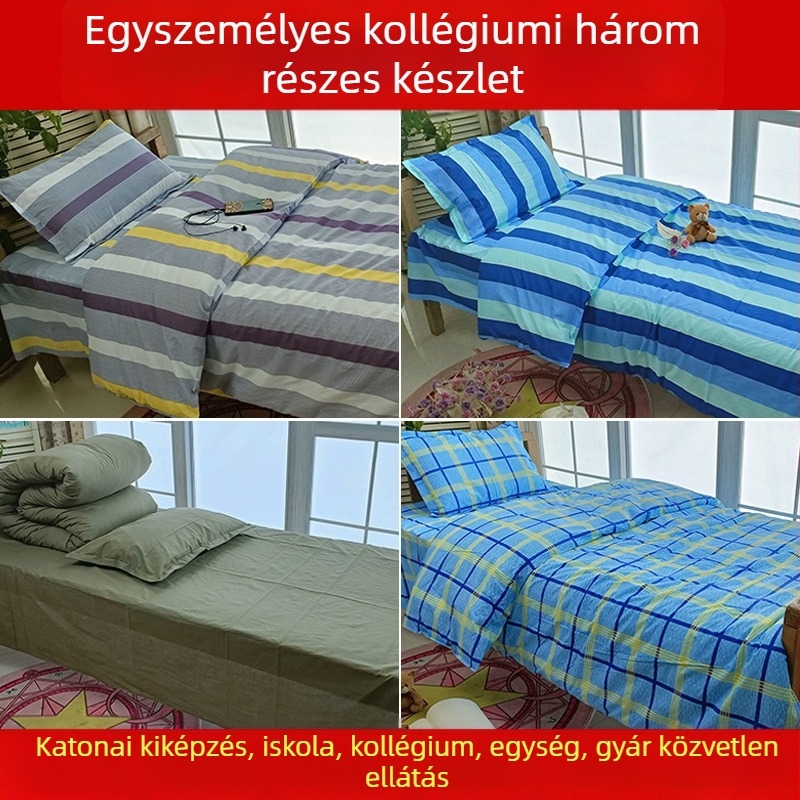 Háromrészes egyetemi hálóruha garnitúra egyágyas ágyhoz: paplanhuzat, párnahuzat és lepedő; csíkos minta; pamut; reaktív nyomtatás; sima szövés; modern stílus.