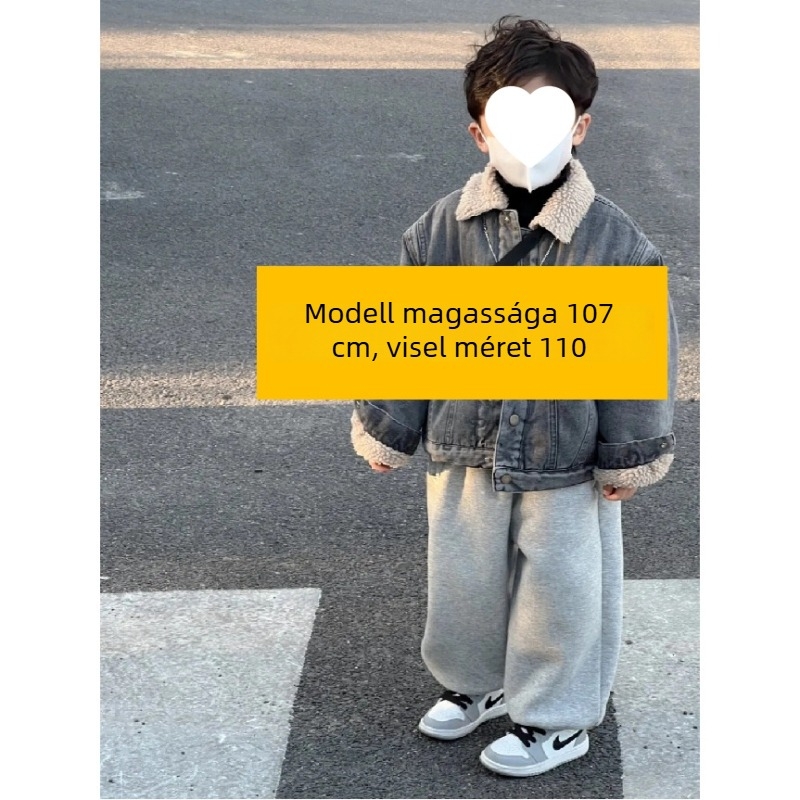 Fiúknak: farmerdzseki + polár nadrág szett, koreai stílus, vastag téli, levehető kapucni, corduroy anyag