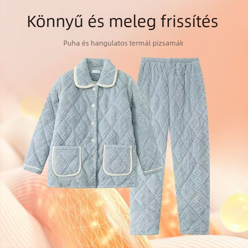 Női kínai stílusú pizsamaszett álló gallérral, háromrétegű tömés, hímzett, téli meleg otthoni viselet, alkalmas külső viseletre