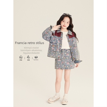 AMYBABY Lányoknak szóló farmer szett szoknyával – 2025 tavasz, casual retro mintás és patchwork